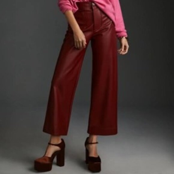 NWT Anthropologie Maeve Colette Faux Leather Wide-Leg Pants – Deep Red, Size 27 - Picture 1 of 8